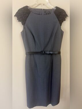 Tahari ASL Gray Sheath Dress with Black Lace Cap Sleeves - Size 4